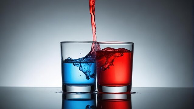 Red colored solution is poured into a clear acidic environment resulting in a blue color change upon liquid interaction