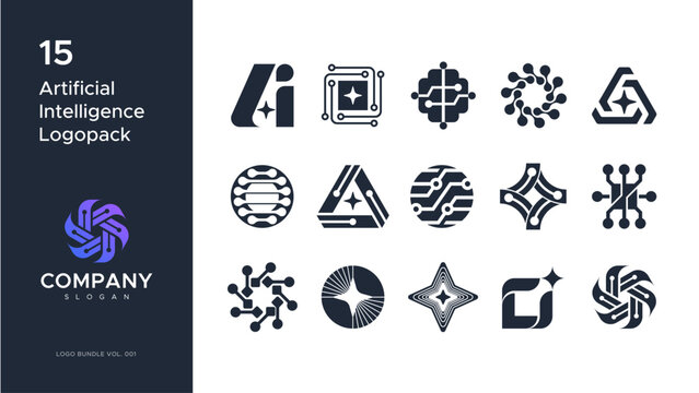 15 modern AI and artificial intelligence logo marks with abstract technology symbols.