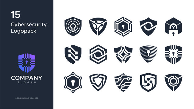 15 modern cybersecurity logo marks featuring security, protection, and digital technology concepts.