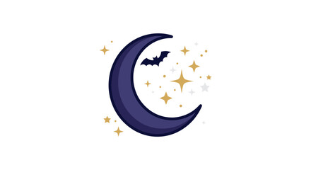 Fototapeta premium Halloween crescent moon with flying bat and glowing stars vector