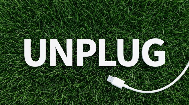 Bold white 'UNPLUG' letters with a USB cable lying on lush green grass.