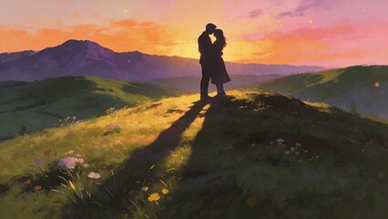 Obraz premium Romantic Couple Silhouette Embracing on Hilltop at Sunset Painting Illustration