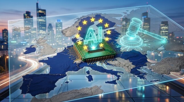 European Union AI Act regulation concept with European map, tech chip, and legal gavel