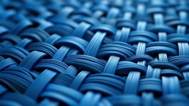 Abstract blue woven texture background, macro close-up of interlaced synthetic fibers