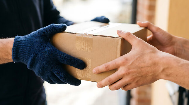 Close-up of gloved hands delivering a brown cardboard package to a customer, symbolizing efficient and safe e-commerce delivery service.