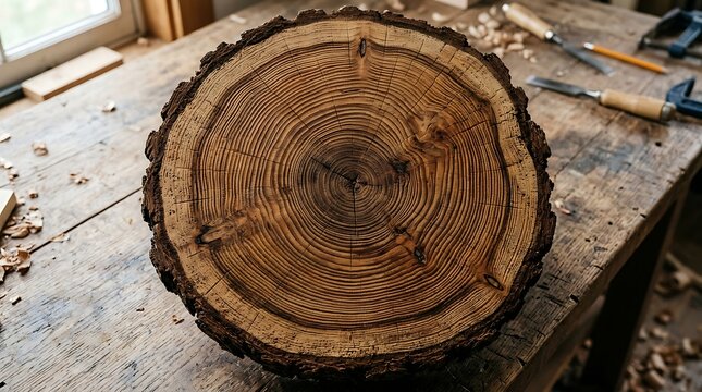 A cross section of a tree trunk showing rings on a rustic wooden workbench in a workshop