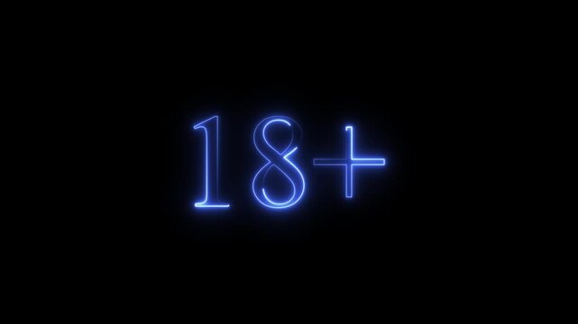 18+ age restriction neon sign glowing blue text overlay for warning eighteen plus