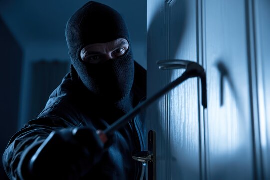 Masked intruder with crowbar breaking into house