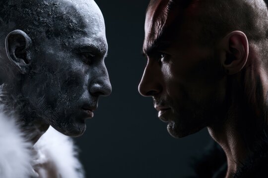 Angel and demon facing in dramatic portrait