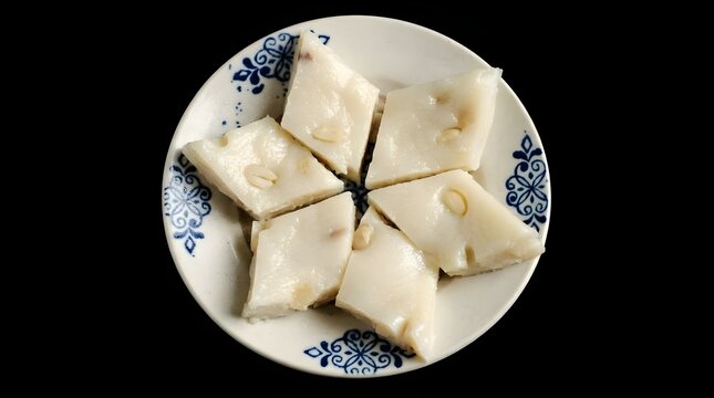 B&aacute;nh đ&uacute;c mắm n&ecirc;m-traditional Vietnamese rice cake (b&aacute;nh đ&uacute;c lạc) arranged neatly on a plate,Six diamond-shaped slices of banh duc a dense, smooth, and gelatinous white rice cake embedded with peanuts