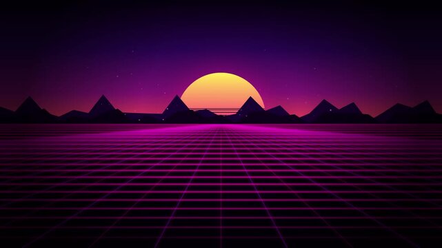 Retro 80s synthwave perspective grid horizon animation with glowing sun and mountain silhouettes.