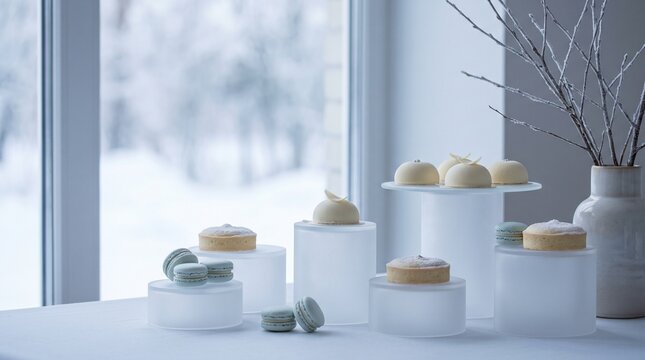 Minimalist winter dessert display, white mousse cakes and macarons on frosted glass pedestals, cold blue tones by snowy window, elegant pastry shop aesthetic