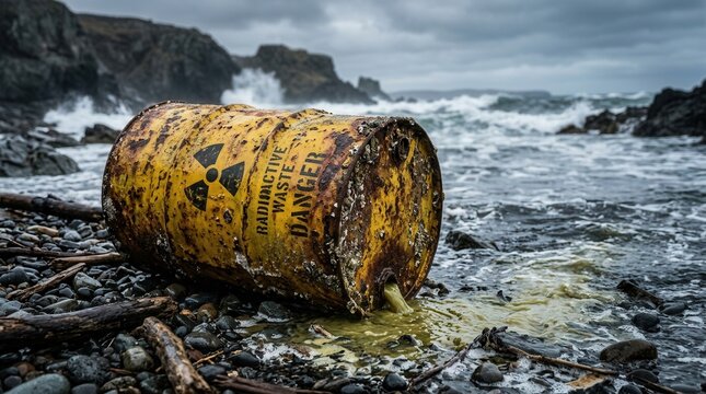 Hazardous waste causing environmental pollution of the seashore.