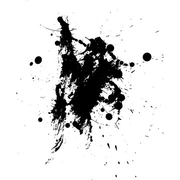 Abstract black ink splatter and grunge paint burst with liquid drip spray droplets for streetwear graphic design isolated on white background⁠