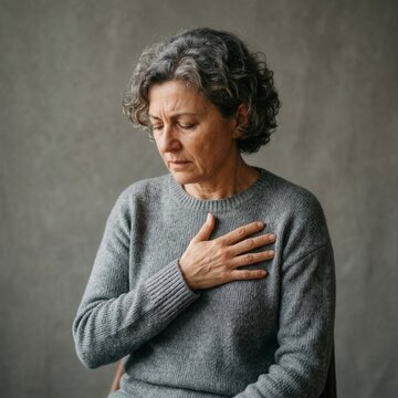 Mature Woman Experiencing Chest Discomfort Anxiety And Stress