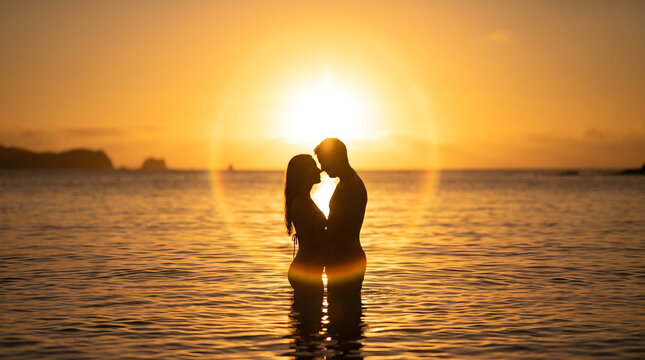 Romantic couple standing in ocean water at sunset, silhouette of lovers on tropical beach.