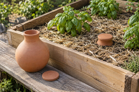 Terracotta olla irrigation pots beside basil in a raised garden be