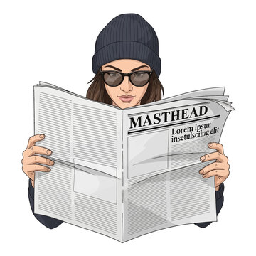 Focused Woman Reading Newspaper Wearing Beanie and Sunglasses.