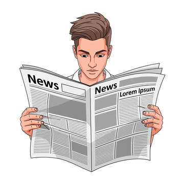 Focused Man Reading Newspaper with News Headlines and Lorem Ipsum.