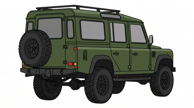 Box Shaped Rugged Off Road Vehicle Rear Three Quarter Technical Vector Artwork.