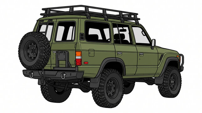 Classic Utility 4x4 SUV Rear View with Spare Tire Black Vector Illustration.