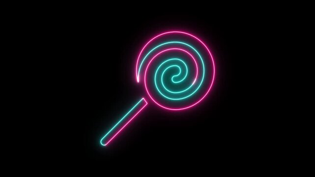 Neon lollipop candy icon with glowing pink and blue light on a black background