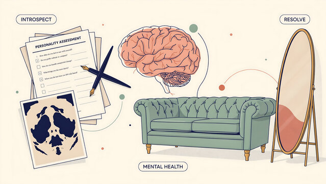 A psychological assessment concept featuring a human brain, a personality test form, a fountain pen, a rorschach inkblot test card, a green tufted sofa, and a tall oval mirror in a soft room setting