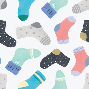 Cute socks seamless pattern scribble doodle vector isolated cartoon collection for nursery, wallpaper, children, wrapping paper, background