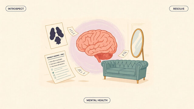A psychological assessment concept featuring a human brain, a personality test form, a rorschach inkblot test card, a green tufted sofa, and a tall oval mirror in a soft room setting for mental health
