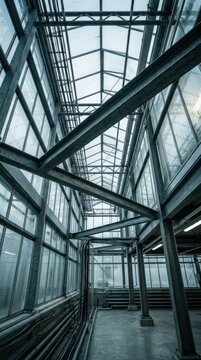 Industrial greenhouse atrium with steel beams and glass roof for architectural background and interior design use