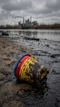 Discarded oil covered bucket on polluted shoreline with refinery in the distance for environmental awareness poster and coastal cleanup campaigns