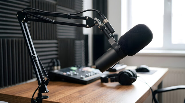Professional podcast microphone and broadcast equipment on a wooden desk in a studio with acoustic foam panels