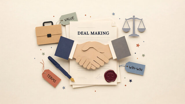 A paper craft handshake over a contract document, surrounded by a briefcase, scales of justice, a pen, and tags labeled value, terms, and win-win on a neutral beige background, view flat lay