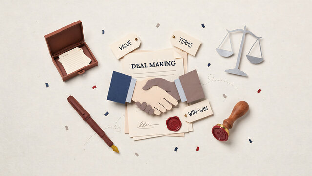 A paper craft handshake over a contract document with a wax seal, surrounded by a pen, scales of justice, and tags labeled value, terms, and win-win on a neutral beige background, view flat lay