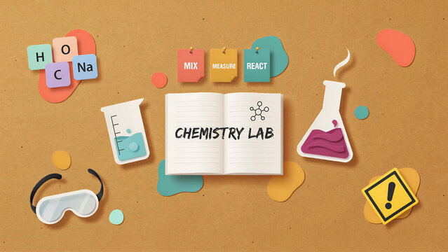 A paper craft chemistry lab composition featuring an open notebook, beaker, flask, safety goggles, and chemical symbols on a brown textured paper background, with labels for, mix, measure, and react