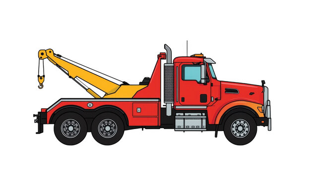 Red tow truck with yellow crane arm and extended hook set against a clean transparent background for versatile commercial or editorial applications.