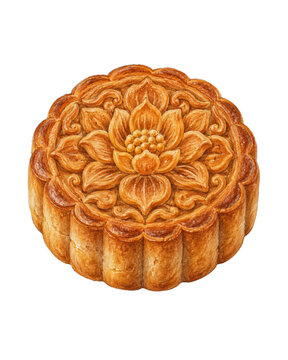 Traditional Vietnamese Floral Pattern Mooncake Hand Drawn Mid Autumn Festival Illustration 