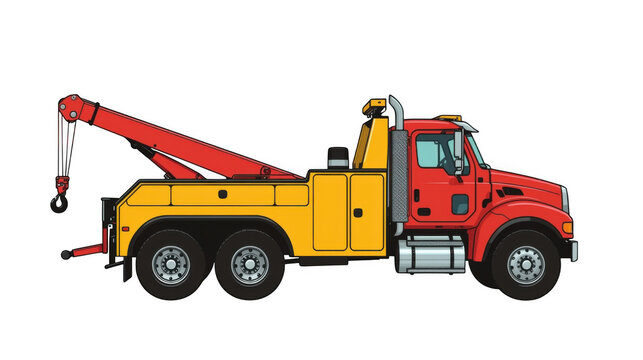 Red and yellow tow truck with extended crane arm parked against a neutral background for commercial or editorial use.