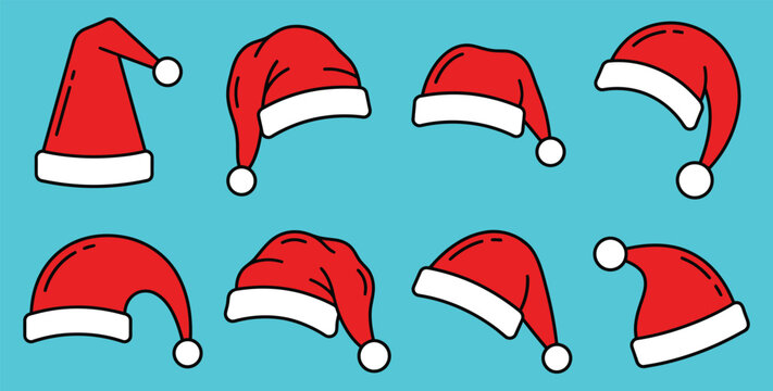 Set of santa claus hats in different positions and styles for christmas holiday design elements