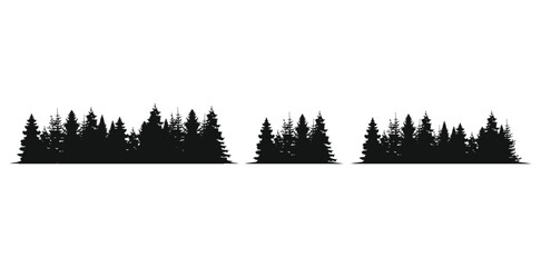 Pine forest silhouette vector set, black evergreen tree line collection, coniferous woodland landscape borders for outdoor design © Vectorelle Art