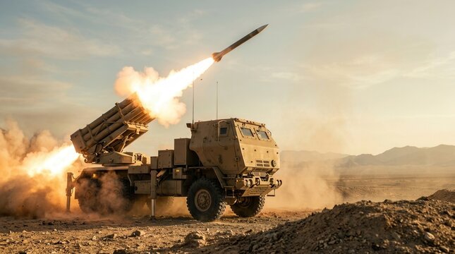 Rocket launcher vehicle firing a missile in a combat zone with tactical warfare technology.