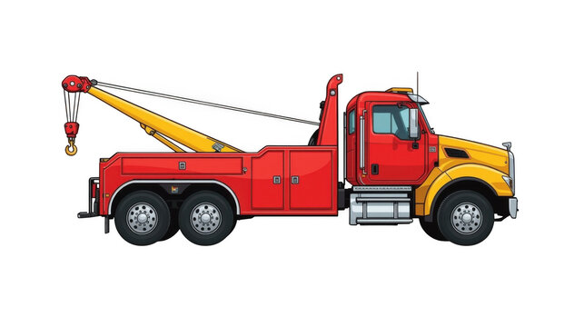 Red tow truck with extended crane arm and six-wheel drive parked against a transparent background.