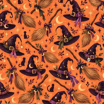 Halloween seamless pattern with witch hat and broom