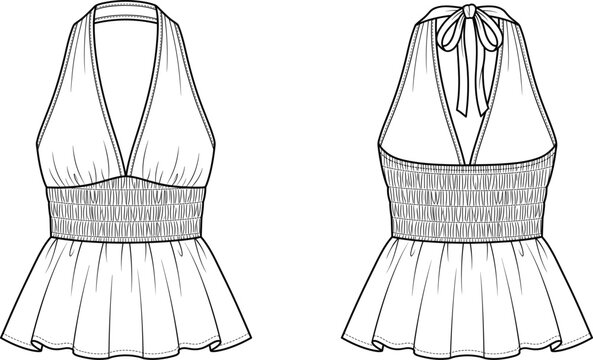 Women halter top fashion technical sketch, deep v-neck, smocked waist, peplum hem, front and back view, apparel template
