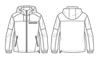 technical, hooded, jacket, fashion, flat, sketch, blank, outerwear, template, mock, up, front, back, view, streetwear, activewear, apparel, design © Farhana