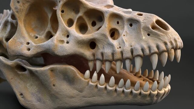 Detailed tyrannosaurus rex skull fossil close-up, prehistoric dinosaur skeleton anatomy paleontology