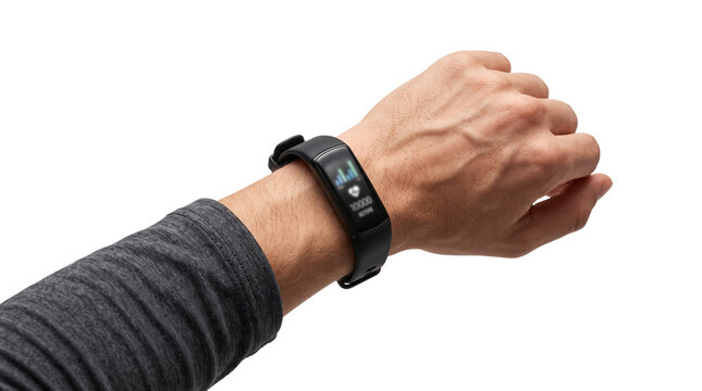 Smart fitness tracker on male wrist, black wearable heart rate monitor, digital health activity watch for sports and wellness isolated PNG with Transparent Background