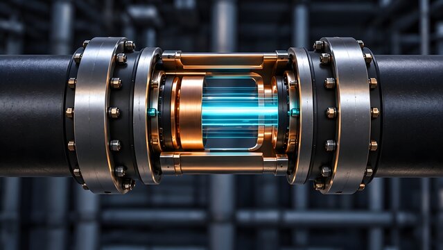 Close up of an industrial pipeline featuring a transparent section with glowing blue energy flowing through it for advanced futuristic fuel transfer.