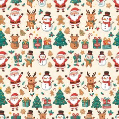 Fototapeta premium Cute seamless Christmas pattern featuring Santa Claus, snowmen, and reindeer