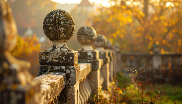 Antique stone fence in autumn landscape